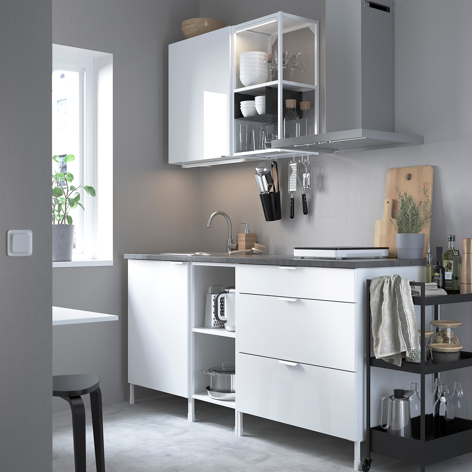 ENHET Kitchen, white/high-gloss white, 183x63.5x222 cm