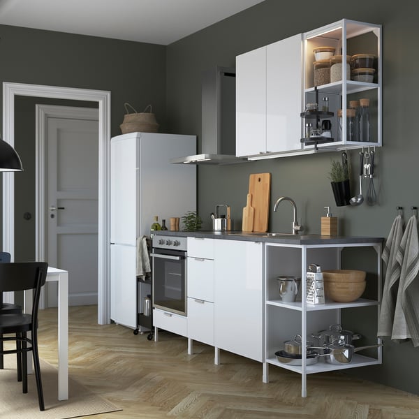 ENHET Kitchen, white/high-gloss white, 203x63.5x222 cm