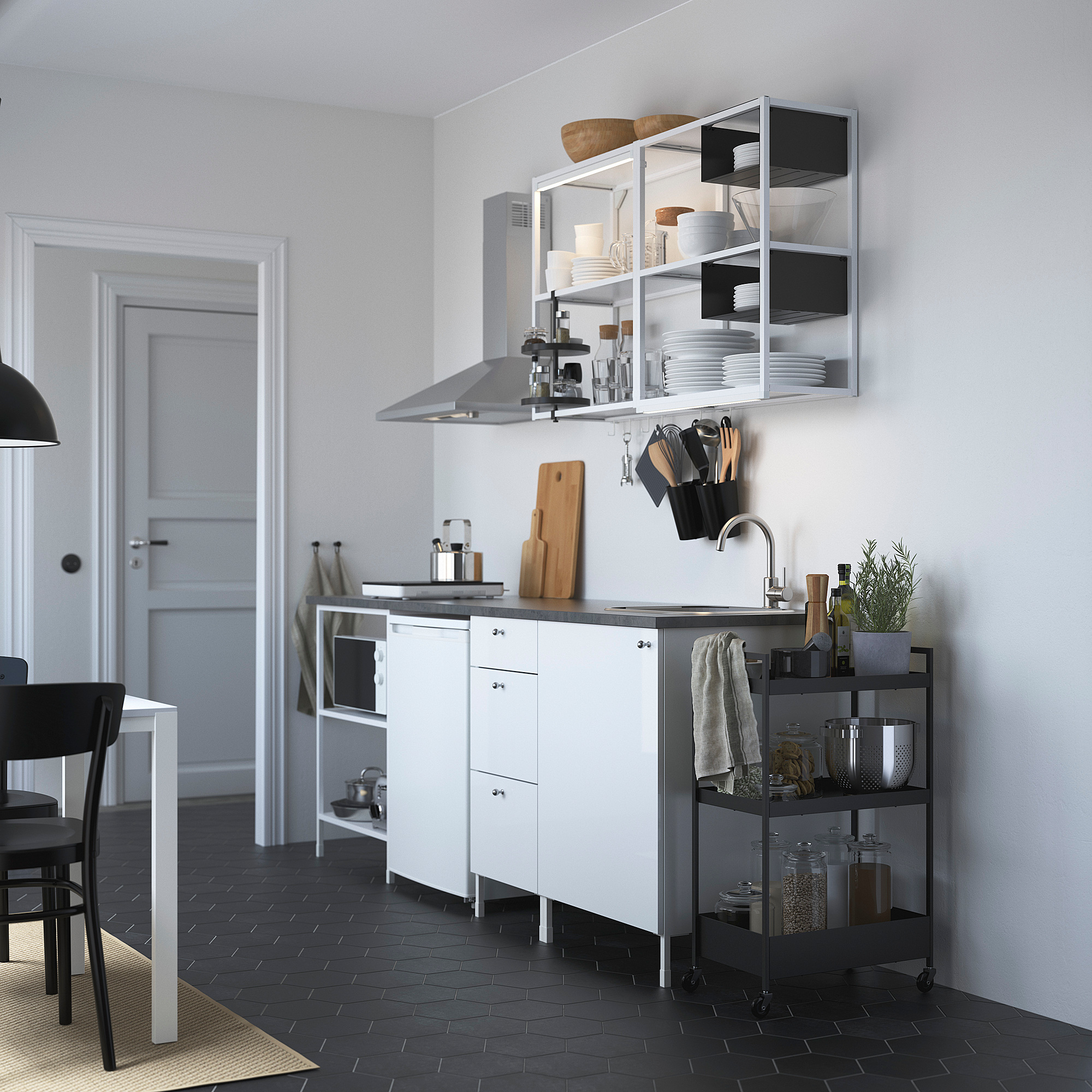 ENHET Kitchen, white/high-gloss white, 223x63.5x222 cm