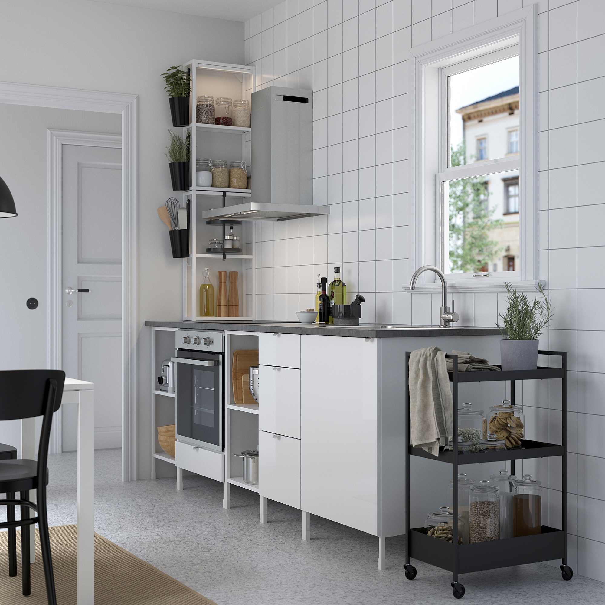 ENHET Kitchen, white/high-gloss white, 243x63.5x241 cm