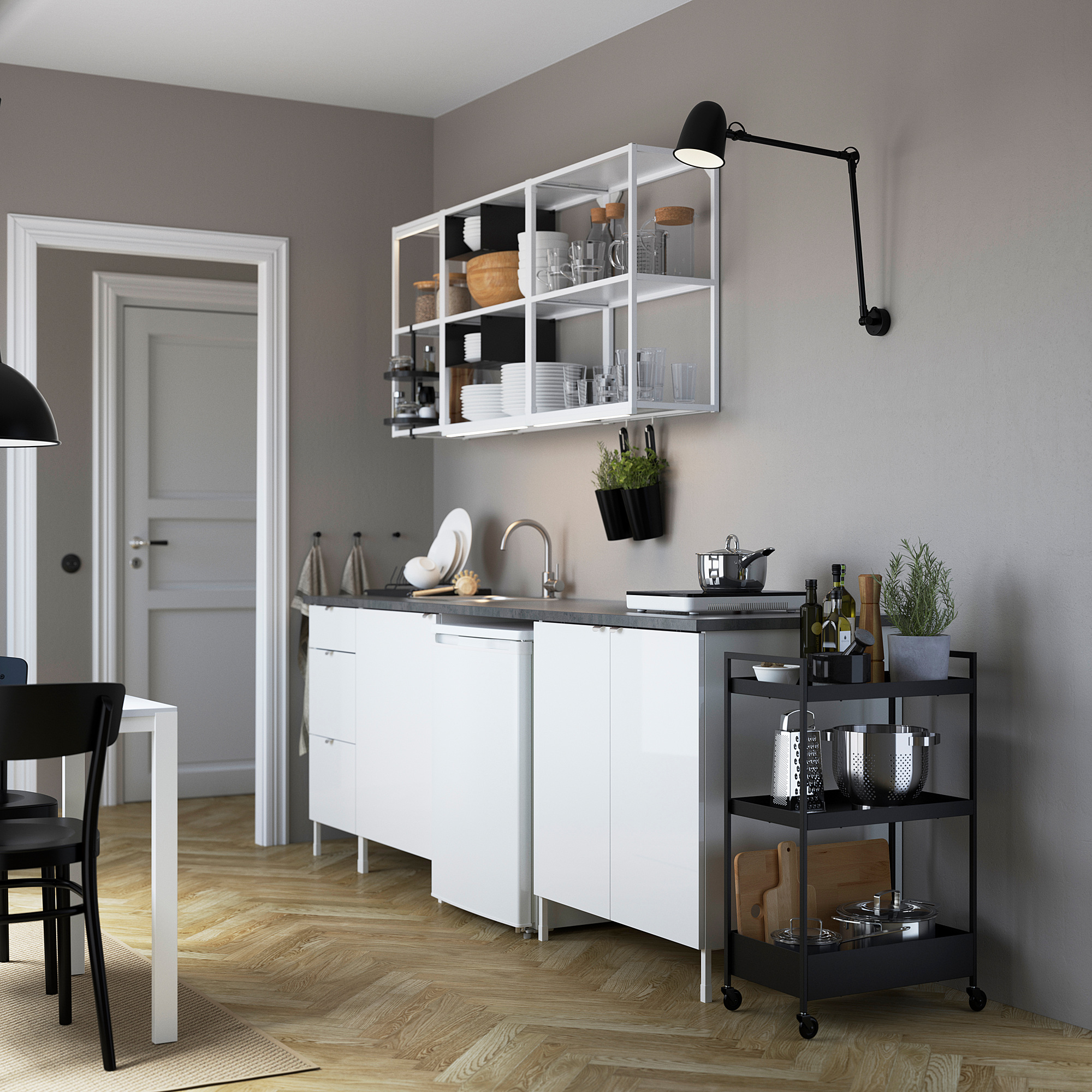 ENHET Kitchen, white/high-gloss white, 243x63.5x222 cm