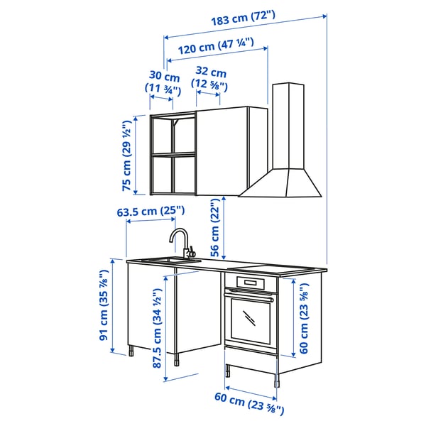 ENHET Kitchen, white/high-gloss white, 183x63.5x222 cm
