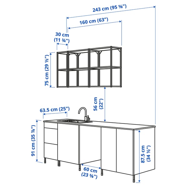 ENHET Kitchen, white/high-gloss white, 243x63.5x222 cm