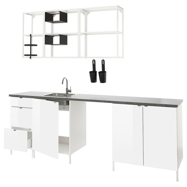 ENHET Kitchen, white/high-gloss white, 243x63.5x222 cm