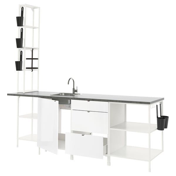 ENHET Kitchen, white/high-gloss white, 243x63.5x241 cm