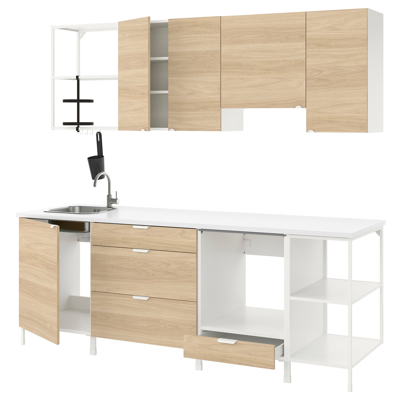 ENHET kitchen, white/oak effect, 243x63.5x222 cm IKEA