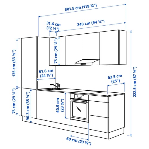 ENHET Kitchen, white, 301.5x63.5x222.5 cm