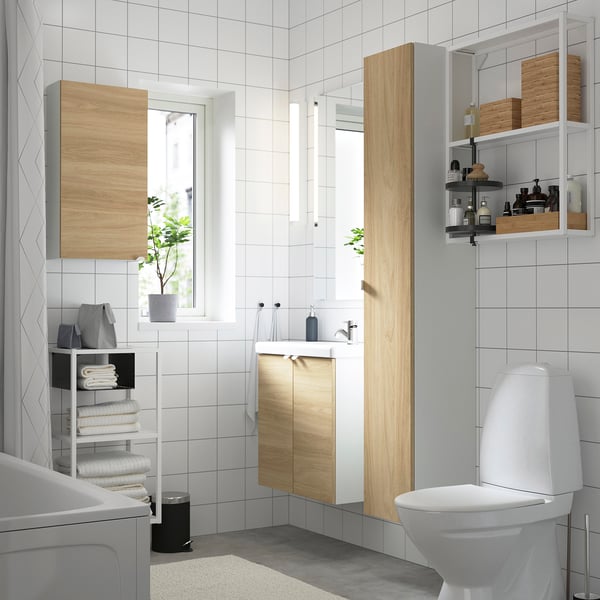 ENHET / TVÄLLEN Bathroom furniture, set of 13 oak effect/white Pilkån