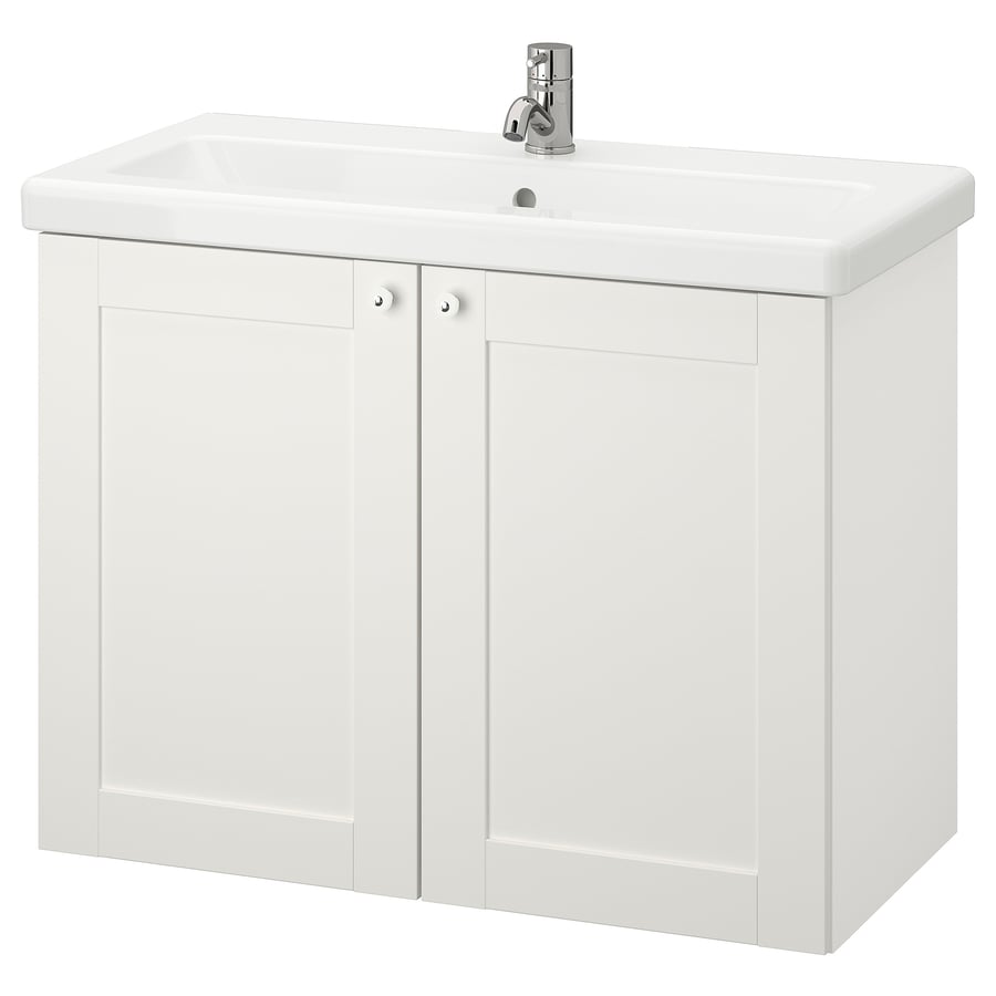 ENHET / TVÄLLEN Washbasin with 2 doors, white frame/white Pilkån tap, 84x43x65 cm IKEA