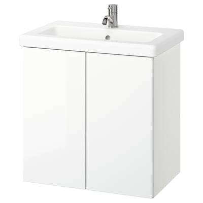 ENHET / TVÄLLEN Wash-stnd w doors/wash-basin/tap, white/high-gloss white, 64x43x65 cm