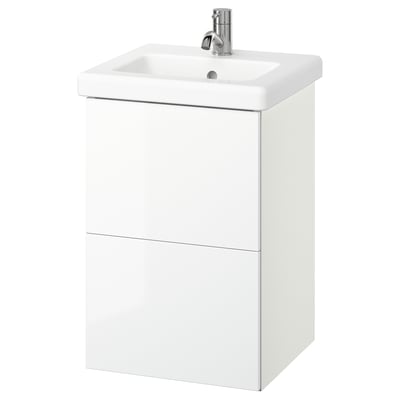 ENHET / TVÄLLEN Wash-stnd w drawers/wash-basin/tap, white/high-gloss white, 44x43x65 cm