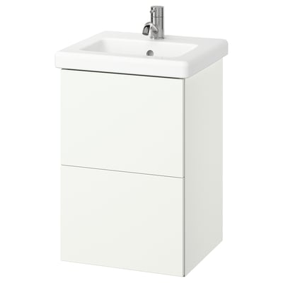 White ENHET bathroom sink cabinet with 2 drawers, ceramic basin, chrome tap.