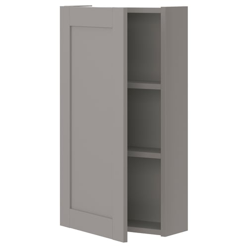 Grey ENHET wall cabinet with 2 shelves, modern design, slightly open door.