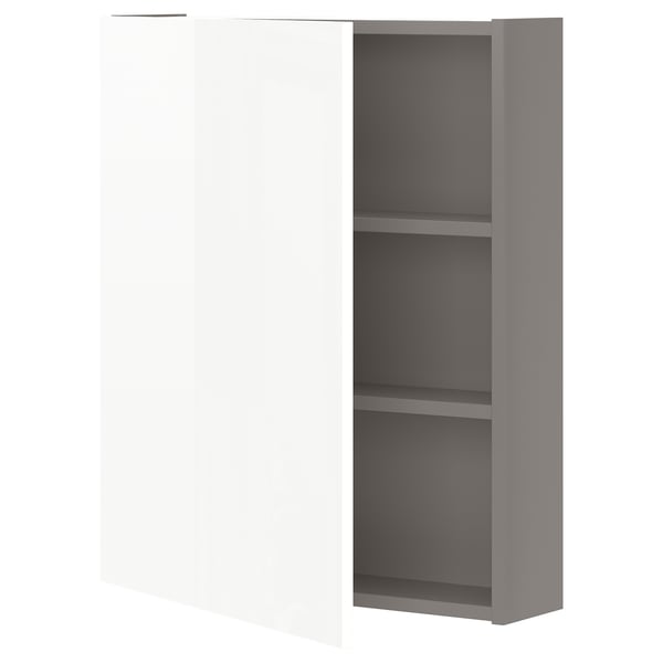 ENHET Wall cb w 2 shlvs/door, grey/high-gloss white, 60x17x75 cm