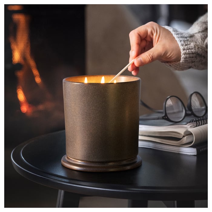 ENSTAKA scented candle in ceramic jar w lid, Bonfire/grey, 60 hr IKEA