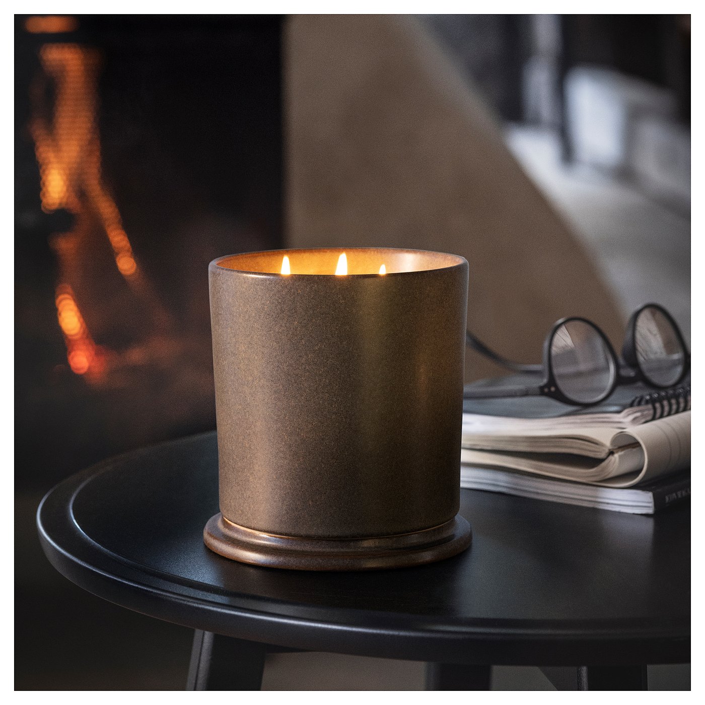 ENSTAKA Scented candle in ceramic jar w lid, Bonfire/grey, 60 hr - IKEA