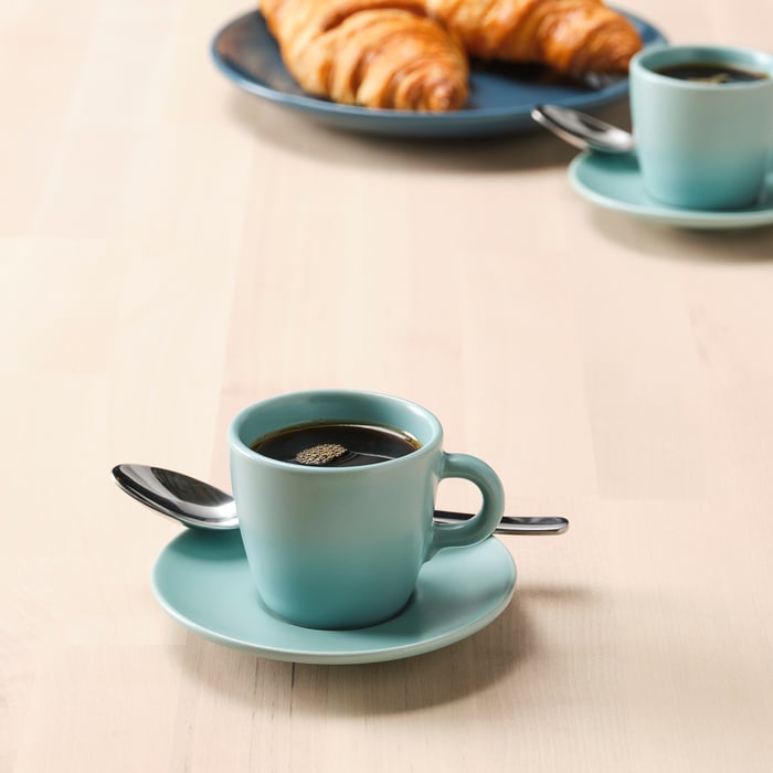 FÄRGKLAR cup with saucer, matt/light turquoise, 7 cl IKEA