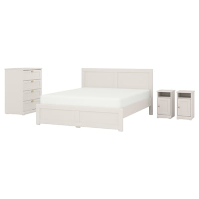 White FÅGELFJÄLLET bed set: king bed, 2 nightstands, dresser. Classic, wooden, smooth finish.