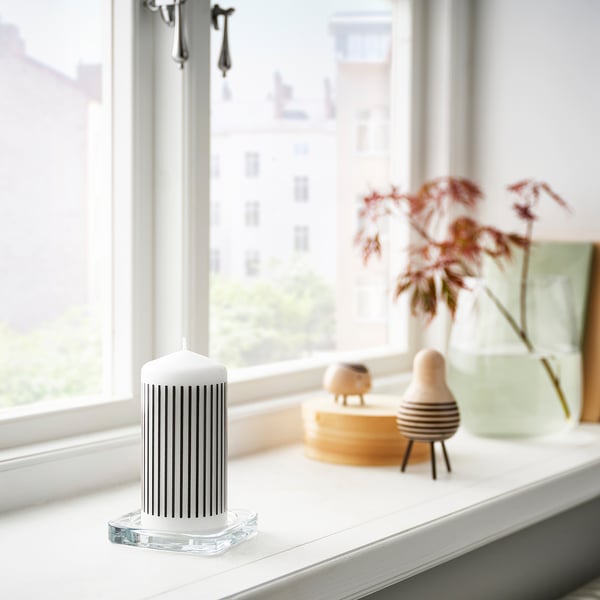 FENOMEN Unscented pillar candle, narrow-striped/black white, 14 cm