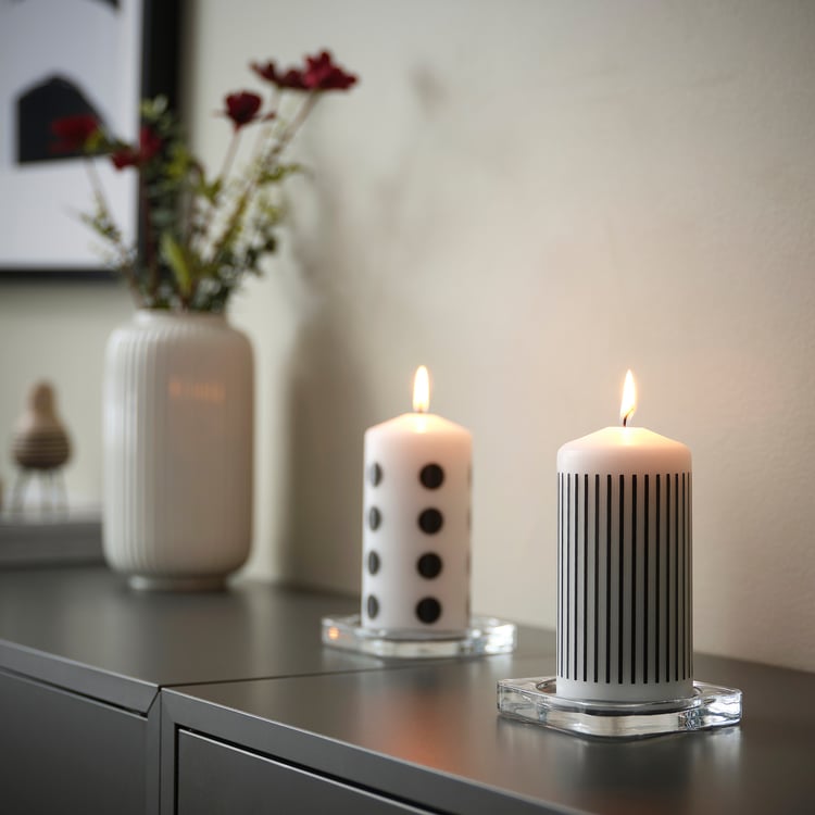 FENOMEN unscented pillar candle, narrowstriped/black white, 14 cm IKEA
