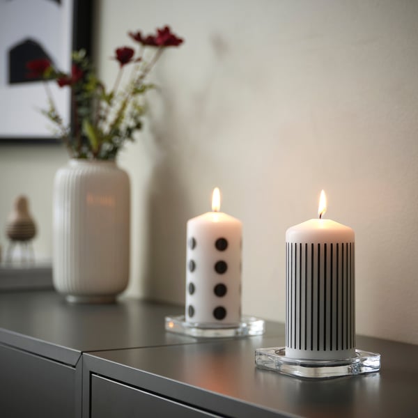 FENOMEN Unscented pillar candle, narrow-striped/black white, 14 cm