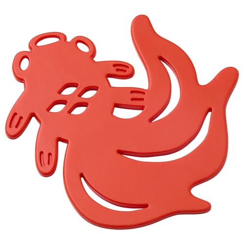 Red silicone kitchen trivet with playful goldfish shape and chinese art design.