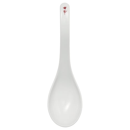 A white FÖSSTA soup spoon with a curved, easy-grip handle and subtle floral design for a classy look.