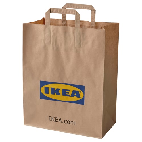 Brown paper shopping bag with ikea logo and website. Strong handles, rectangular shape.