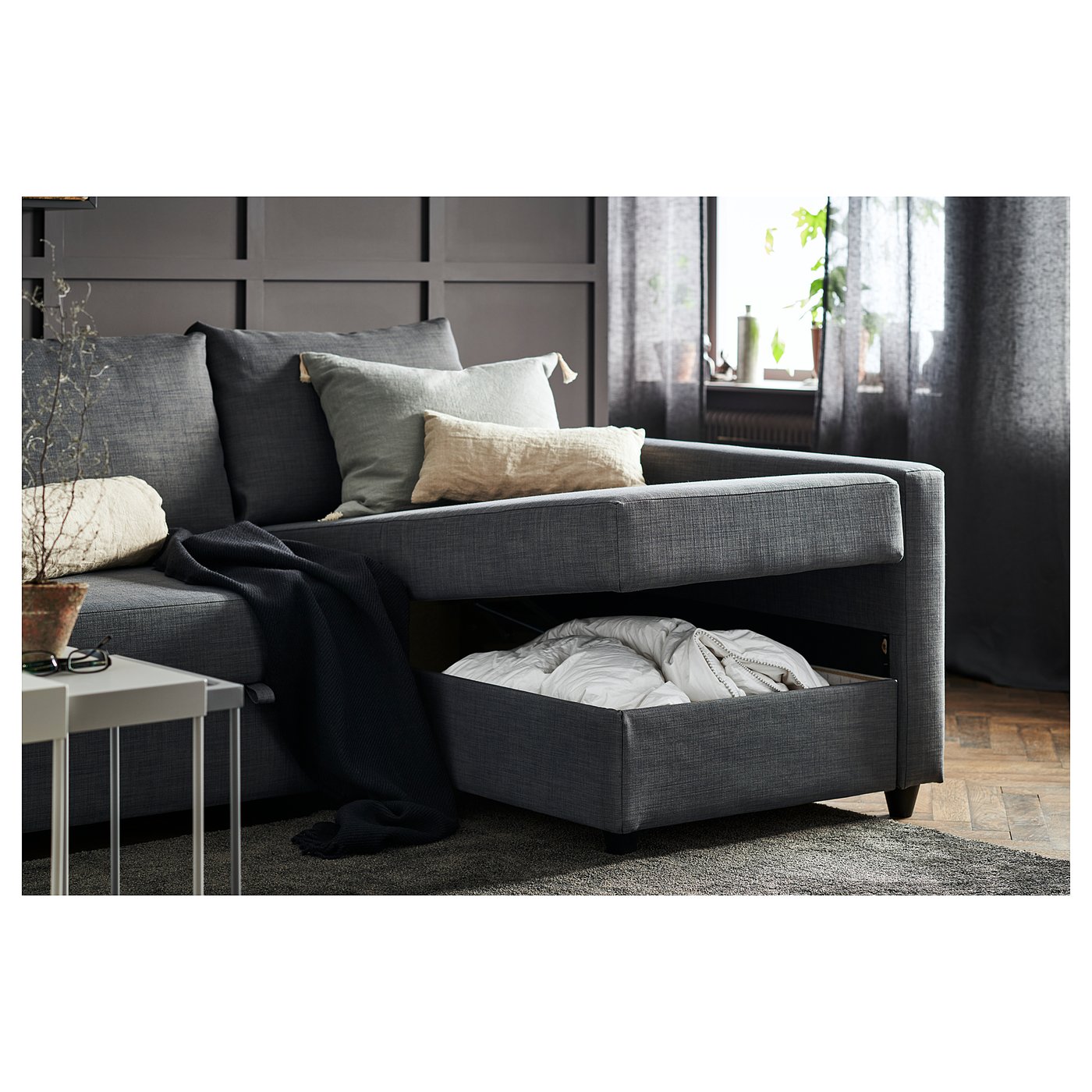 FRIHETEN Skiftebo dark grey, Corner sofabed with storage IKEA