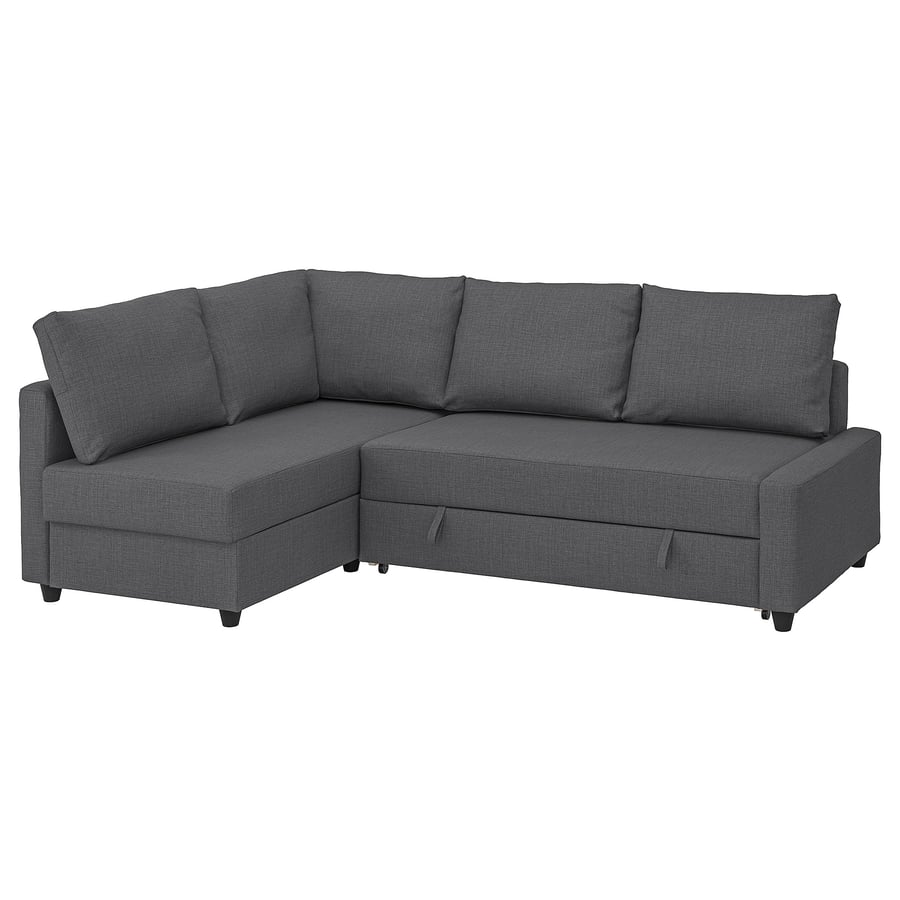 FRIHETEN corner sofa bed with storage, with extra back cushions, Skiftebo dark grey IKEA