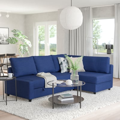 FRIHETEN / KLAGSHAMN Corner sofa-bed with storage, Skiftebo blue