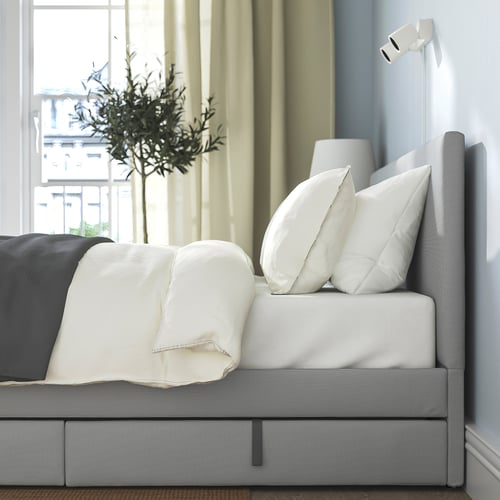 GLADSTAD Light grey, upholstered double bed frame with storage IKEA