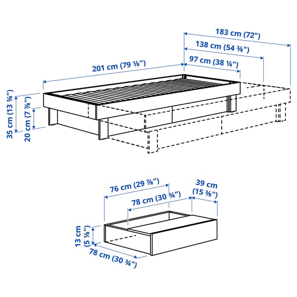 GLAMBERGET Bed frame with storage and mattress, pine/Åkrehamn medium firm, Standard Single