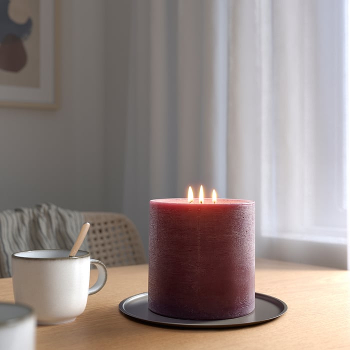 GRÄNSSKOG unscented pillar candle, 3 wick, brownred, 14 cm IKEA