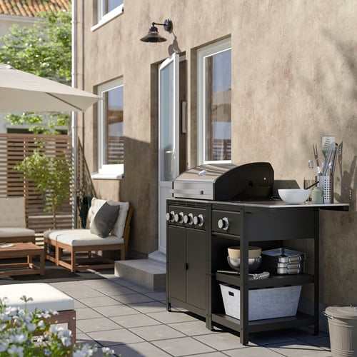 GRILLSKÄR gas barbecue w side burner/table, stainless steel/outdoor
