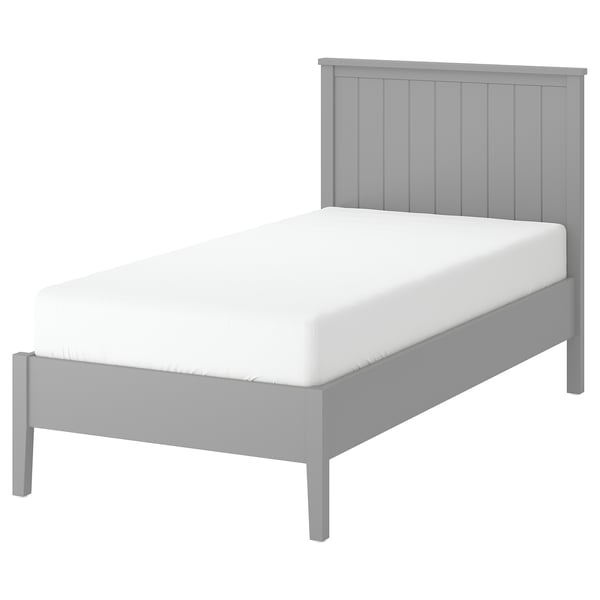 Grey GULLABERG bed: modern, simple design with wooden slats, white mattress.