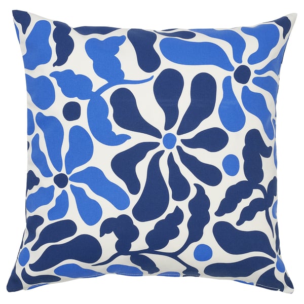 Blue & white floral outdoor square cushion, fade-resistant, recycled polyester.