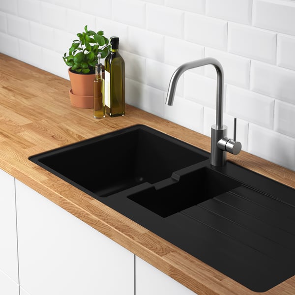 Hallviken Inset Sink 1 Bowl W Drainboard Black Quartz Composite For Custom Made Worktop Wood 100x50 Cm Ikea