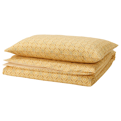 Stack of 4 yellow striped & patterned pillows. Rectangular shape, soft cotton blend.