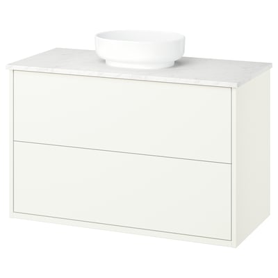 HAVBÄCK white bathroom vanity: modern, rectangular, marble look top, round basin, wall-mount.