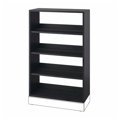 Black wooden bookcase, four open shelves, sturdy build, rustic charm.