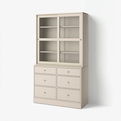HAVSTA Storage combination w glass-doors, grey-beige, 121x47x212 cm