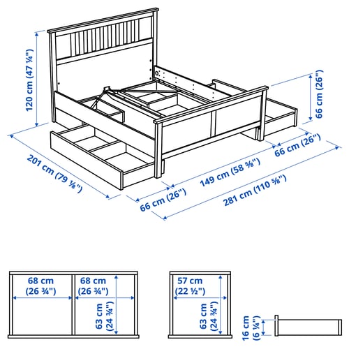 HEMNES White stain, double bed frame with 4 storage boxes IKEA
