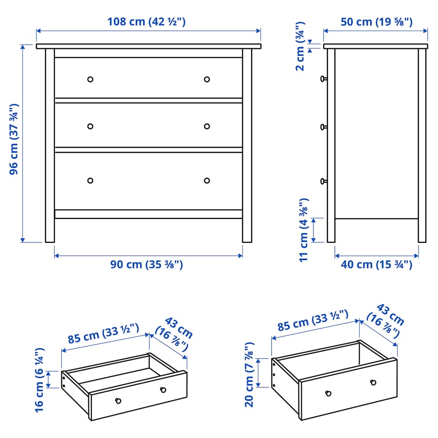 HEMNES white stain, Chest of 3 drawers, 108x96 cm IKEA