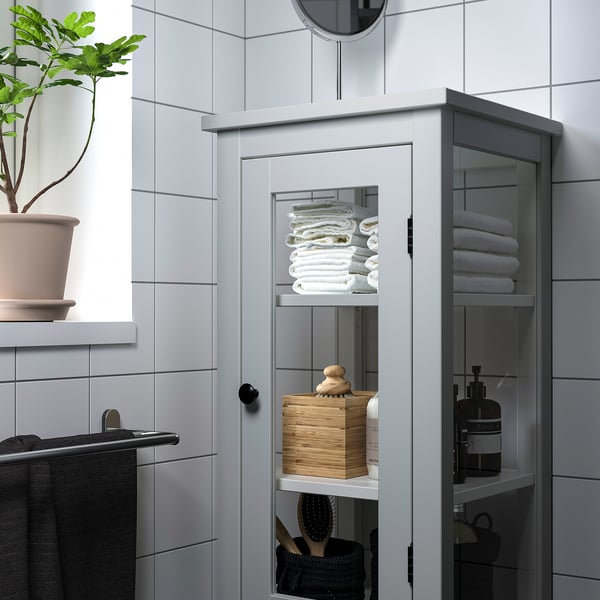 HEMNES High cabinet with glass door, grey, 42x38x131 cm