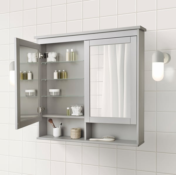 HEMNES Mirror cabinet with 2 doors, grey, 103x16x98 cm