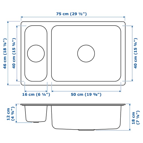 HILLESJÖN Inset sink 1 1/2 bowl, stainless steel, 75x46 cm