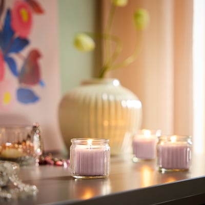 HÖKGÖK Scented candle in glass, Pink flowers pale pink, 12 hr