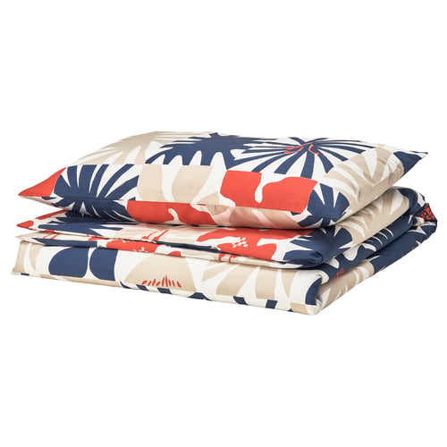 HYLSNEJLIKA bed set: white with bold blue, red floral prints, polyester-viscose blend, smooth, wrinkle-free.