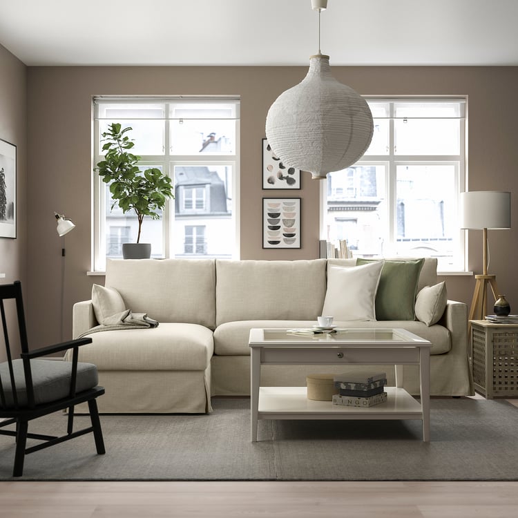 HYLTARP 3 seater sofa with chaise longue, left, Hemmesta light beige